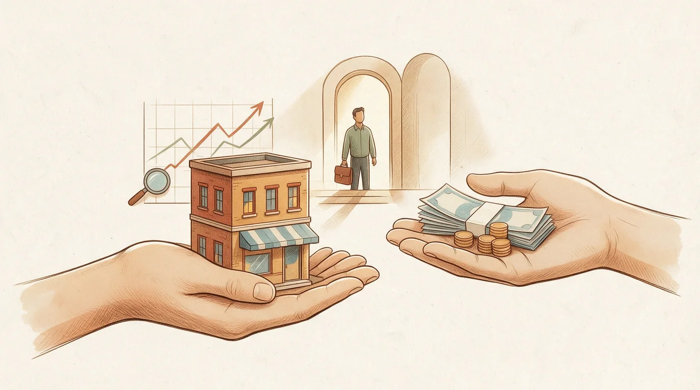 Una mano ofrece un edificio comercial en miniatura y la otra un fajo de billetes, sobre un gráfico de valorización